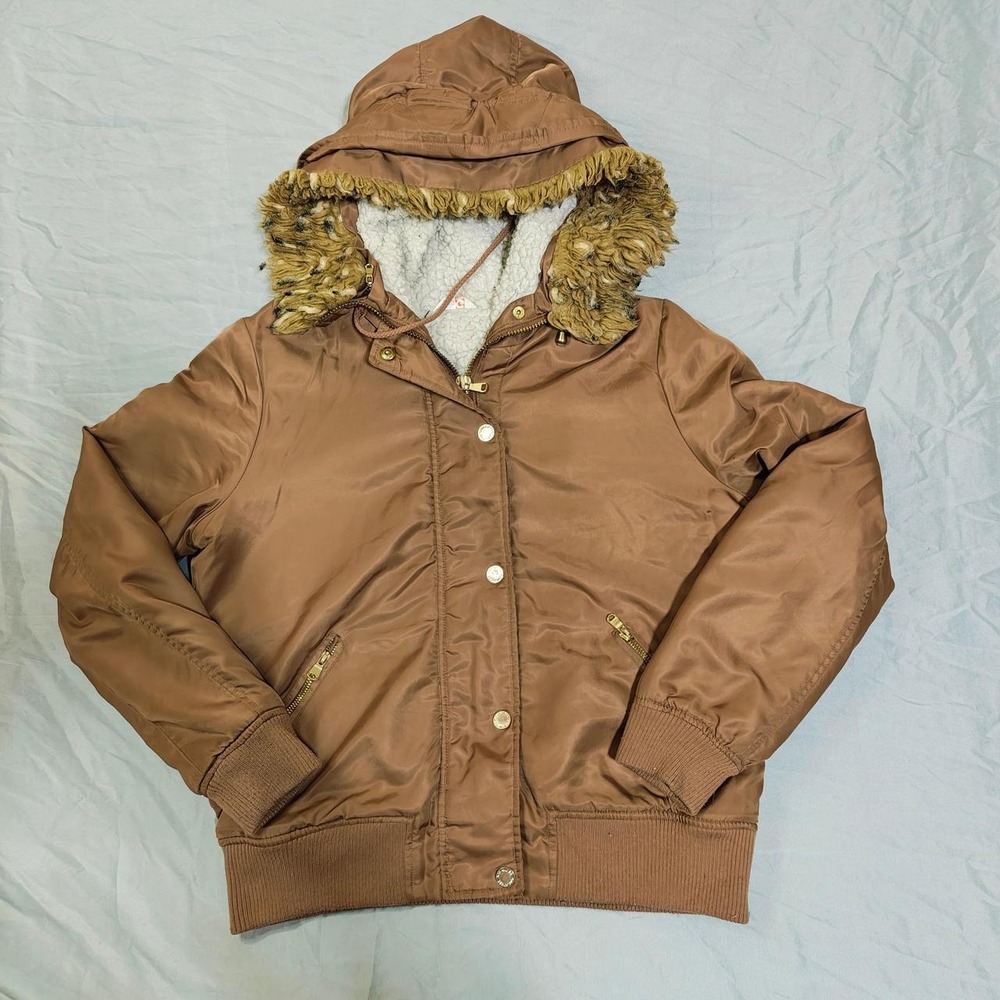 G by GUESS Women's Large Bronze Brown Sherpa Lined Bomber Jacket Fur Hood L